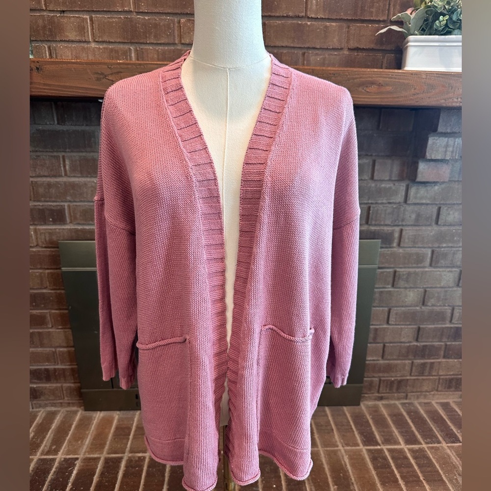 NWT Eileen Fisher Pink Linen Blend Open Front Cardigan Sweater Medium